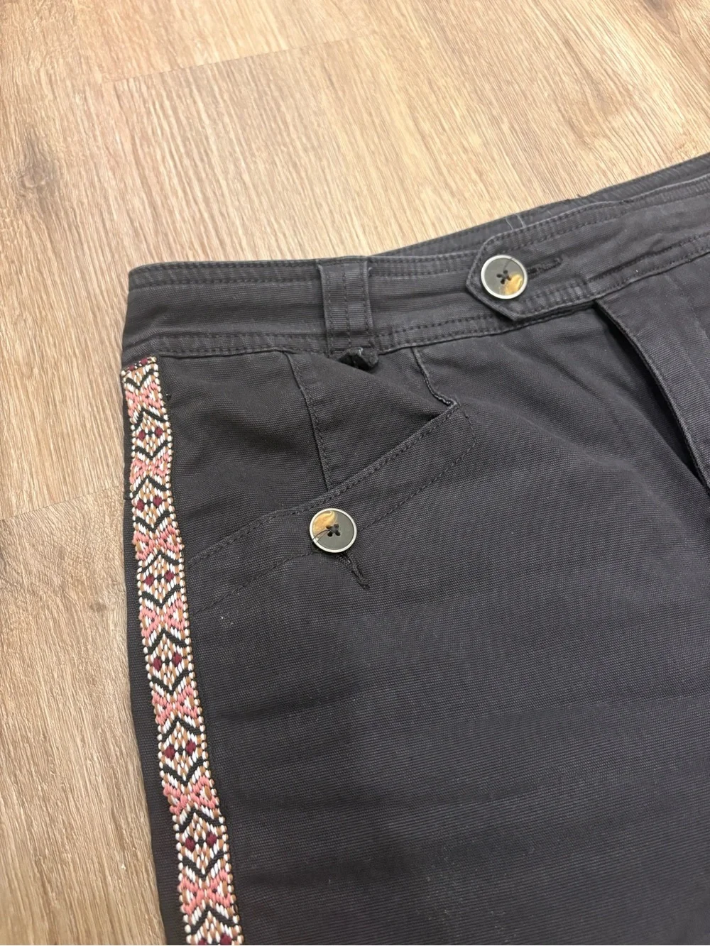 Anthropologie Black Tapered Pants with Pink Geometric Side Tape